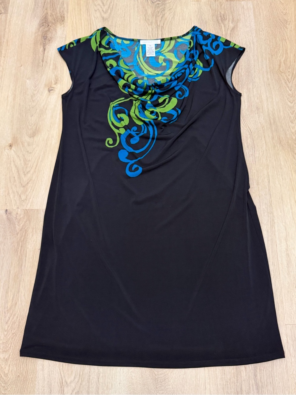 London Times Black Sleeveless Cowl Neck Dress with Blue & Green Detail